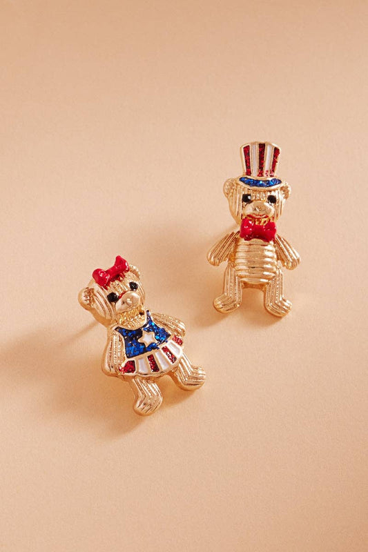 Teddybear Couple American Flag Enamel Post Earrings