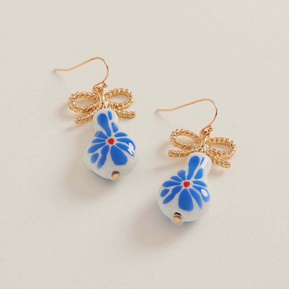 Strawberry Ceramic Bead W Metal Bow Hook Earrings