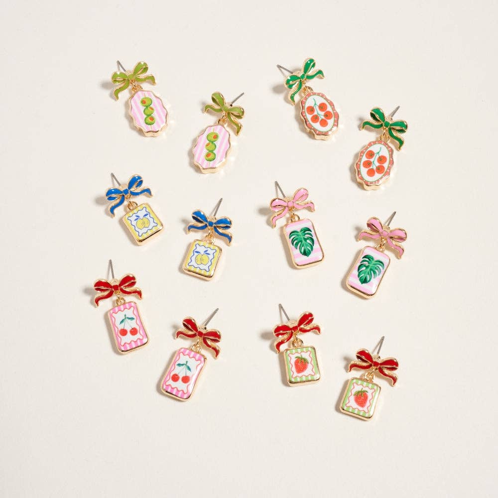 VINTAGE FRUIT PLANT PRINT TILE ENAMEL BOW EARRINGS