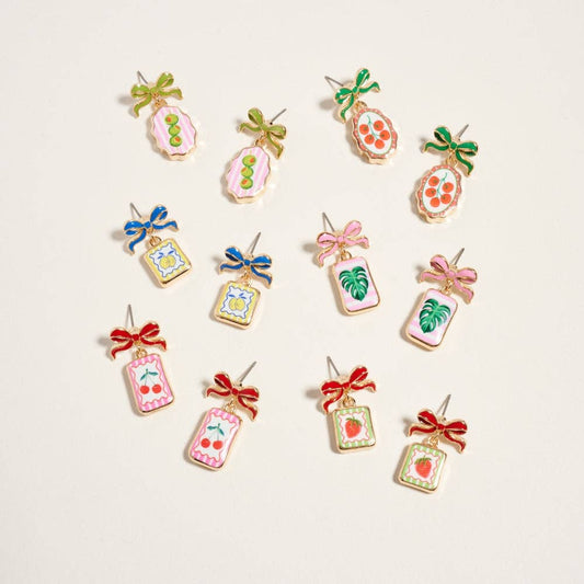VINTAGE FRUIT PLANT PRINT TILE ENAMEL BOW EARRINGS