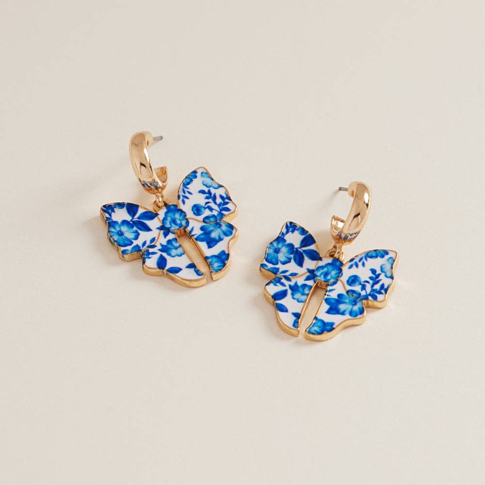 Ceramic Bow Enamel Flower Pattern Hoop Earrings