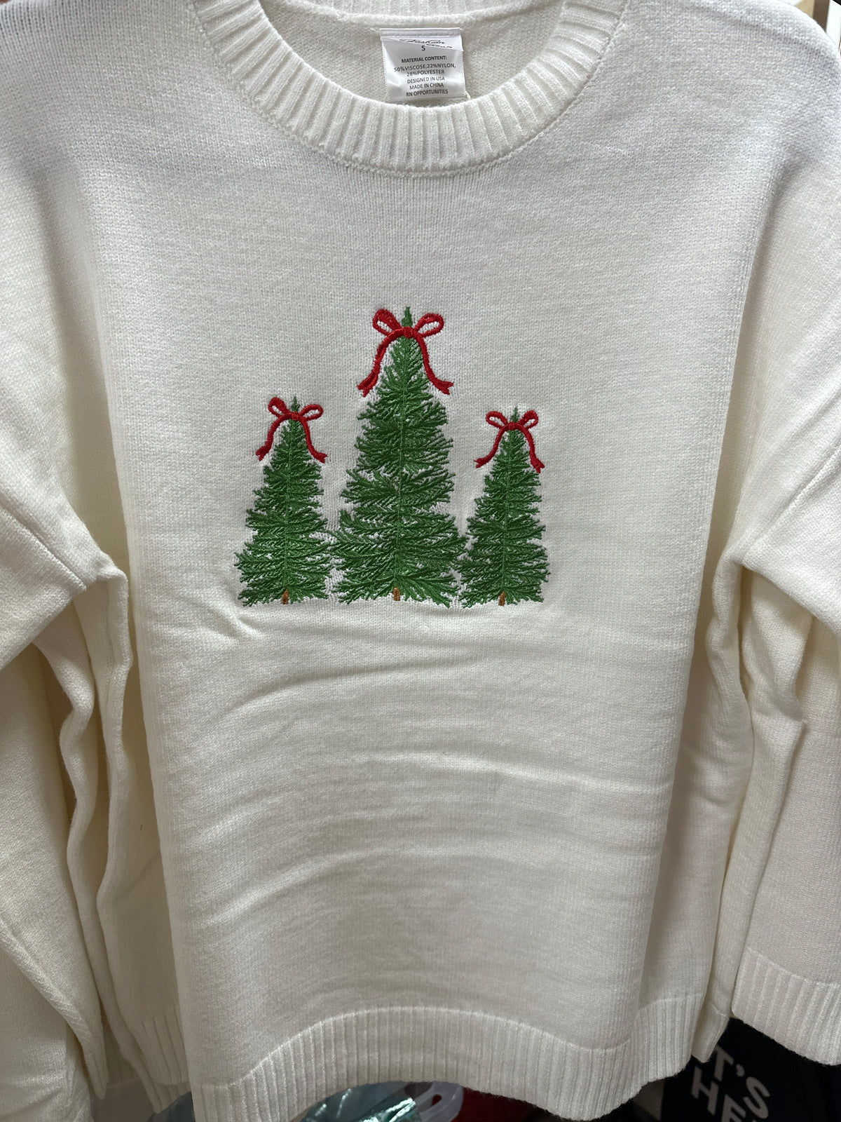 CHRISTMAS TREE WITH RED BOW EMBROIDERED SWEATER