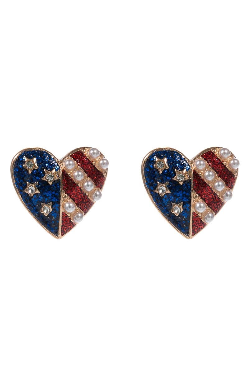 HEART ENAMEL AMERICAN FLAG PATTERN POST EARRINGS