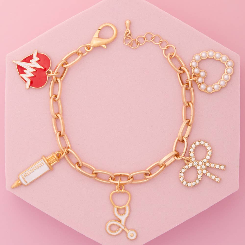 Nurse Theme Charm Bracelet with Enamel Trinkets