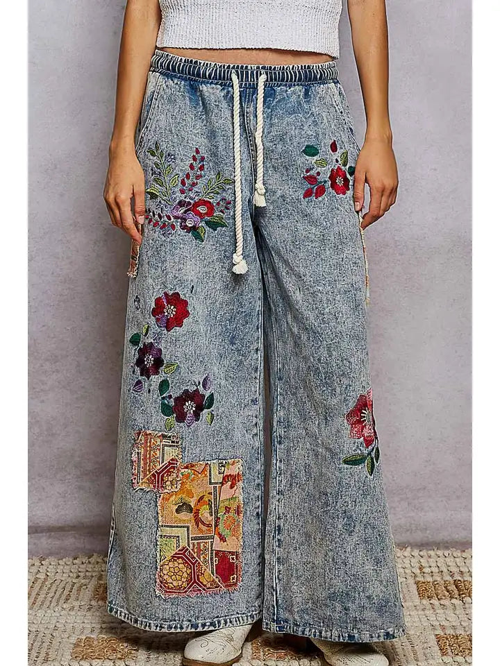 EMBROIDERED FLORAL PATCHWORK CROPPED RELAXED WIDE LEG PANTS