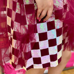 Maroon/White Mesh Overlay Checkered Tee Dress