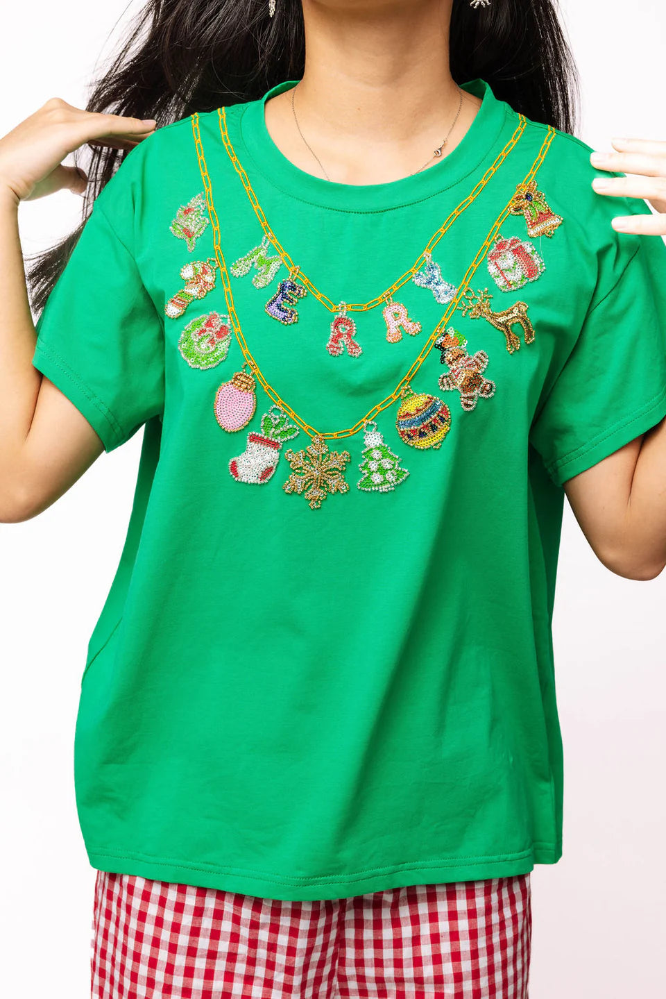 BRIGHT GREEN CHRISTMAS NECKLACE TEE