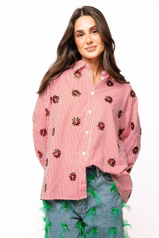 RED/WHITE STRIPED SCATTERED JEWELED POINSETTIA BUTTON UP COLLAR SHIRT