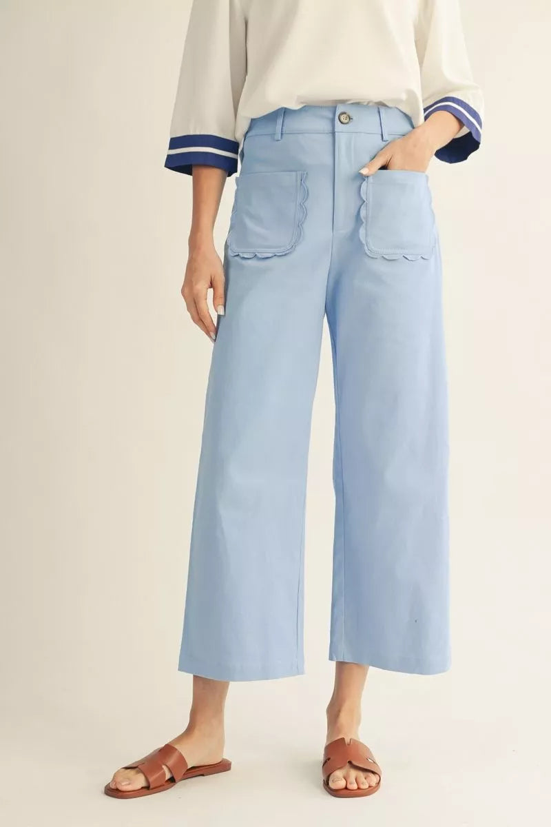 HIGH WAIST WIDE LEG PANTS WITH SCALLOP POCKET