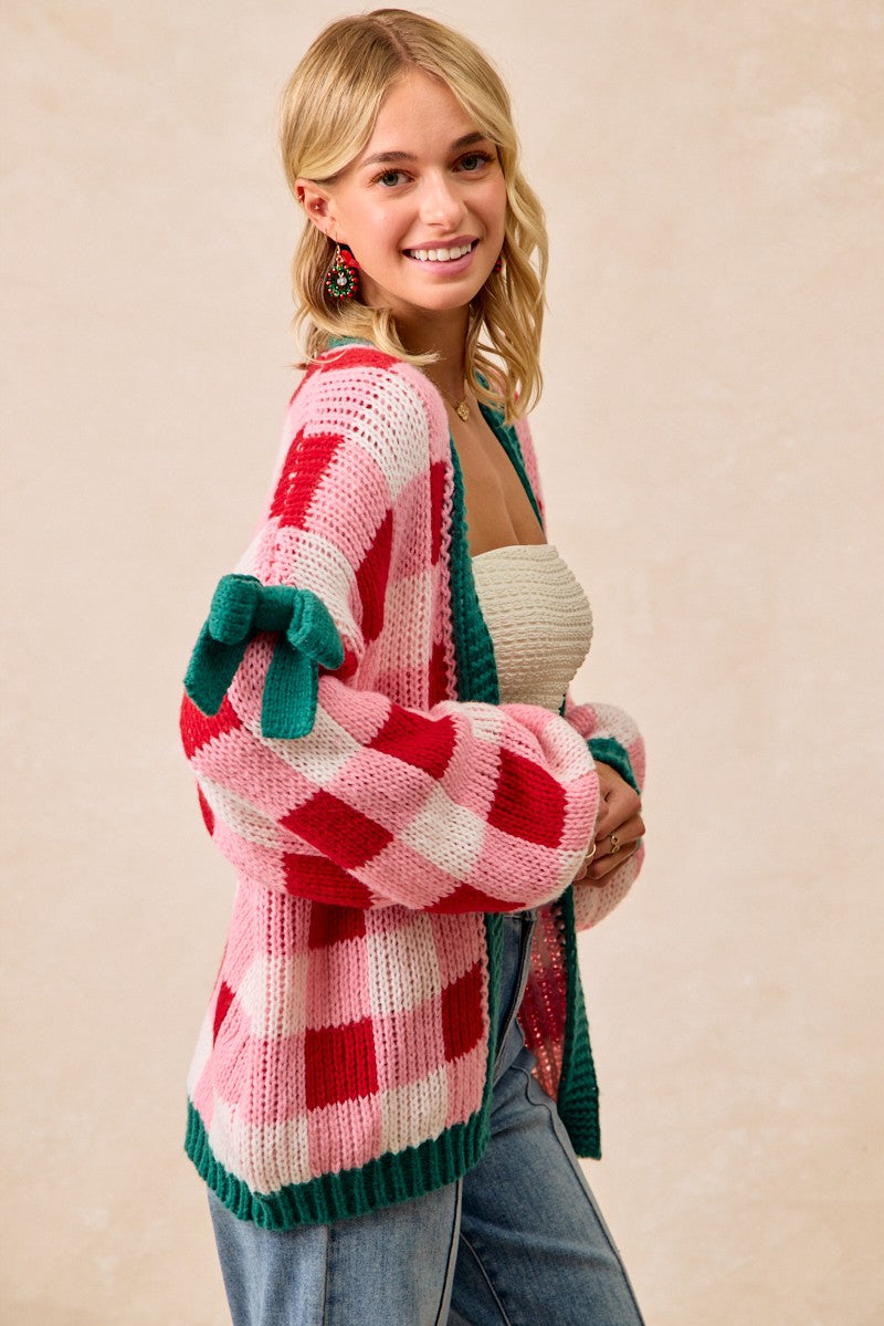 CHRISTMAS THEME OPEN FRONT SWEATER CARDIGAN WITH RIBBON DETAIL