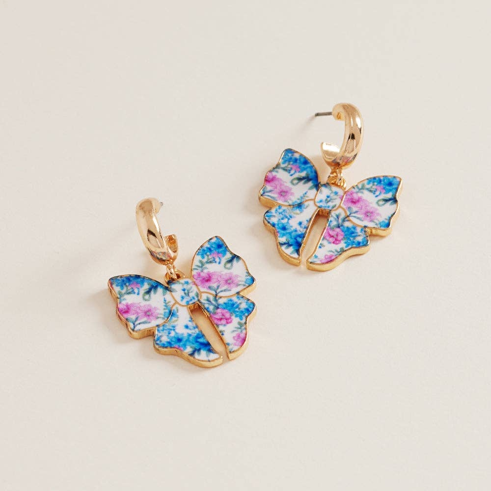 Ceramic Bow Enamel Flower Pattern Hoop Earrings