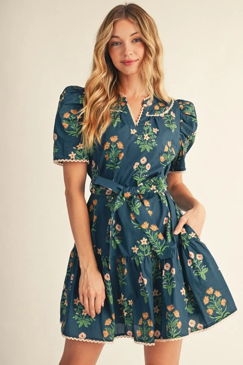 TEAL PUFF SLEEVE FLORAL DRESS WITH TIE WAIST