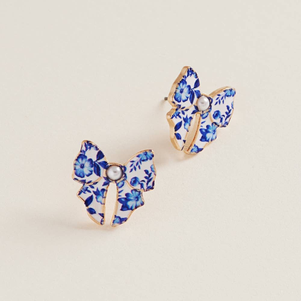 Ceramic Bow Enamel Casting Flower Pattern Earrings