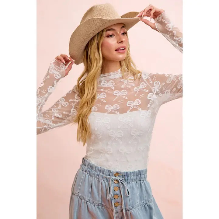 HIGH NECKLINE BOW PATTERN MESH LONG SLEEVE  TOP