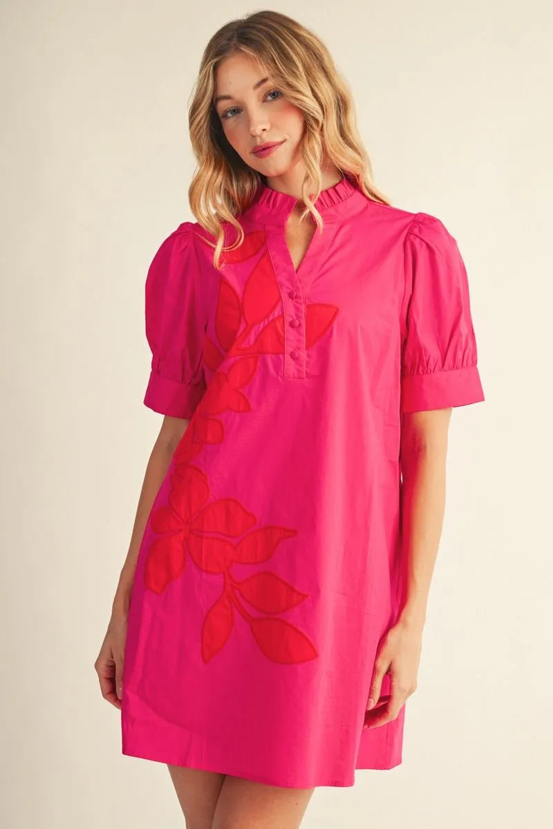 FUCHSIA DRESS WITH RED ACCENT EMBROIDERY