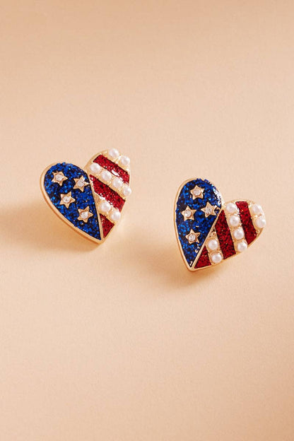 HEART ENAMEL AMERICAN FLAG PATTERN POST EARRINGS