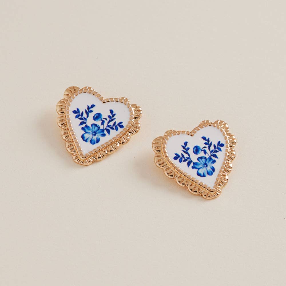 Heart Enamel Casting Flower Pattern Post Earrings