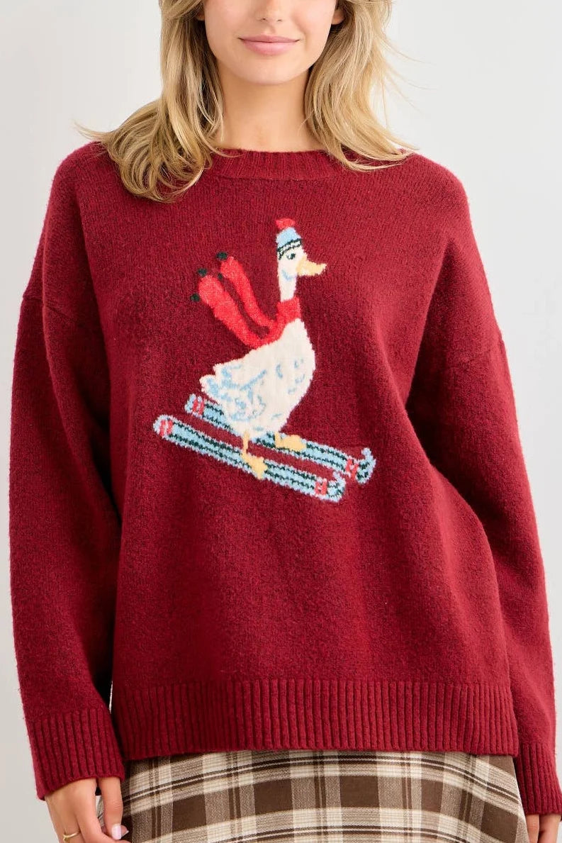 SKIING DUCK KNIT SWEATER - RED