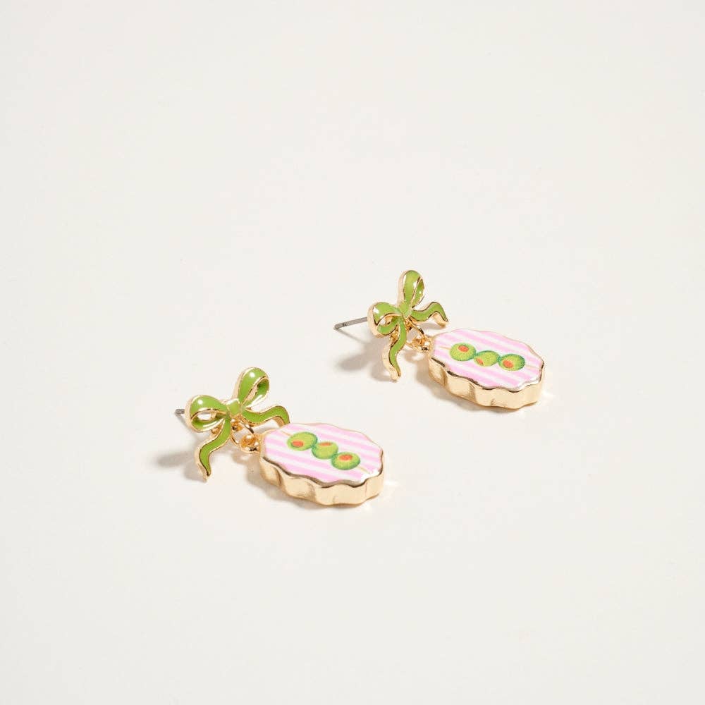 VINTAGE FRUIT PLANT PRINT TILE ENAMEL BOW EARRINGS