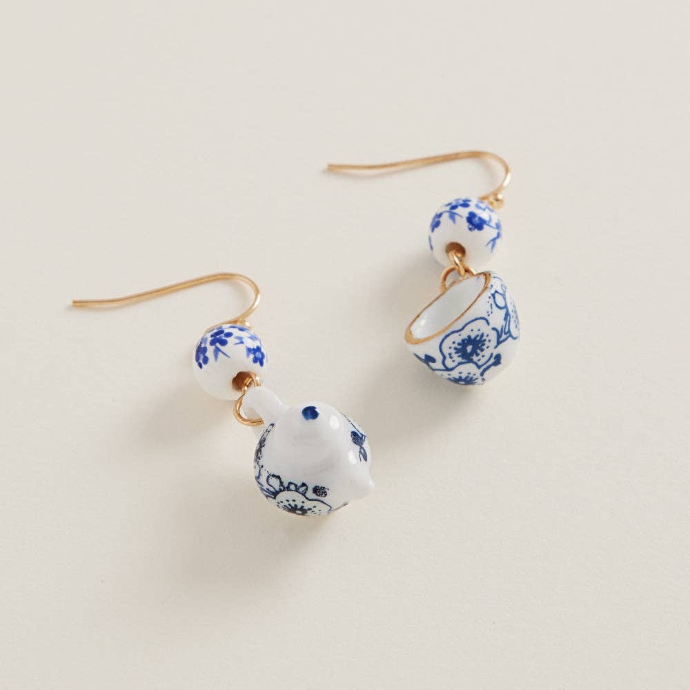 Teapot N Cup Shaped Ceramic Bead Brass Hook Earrings