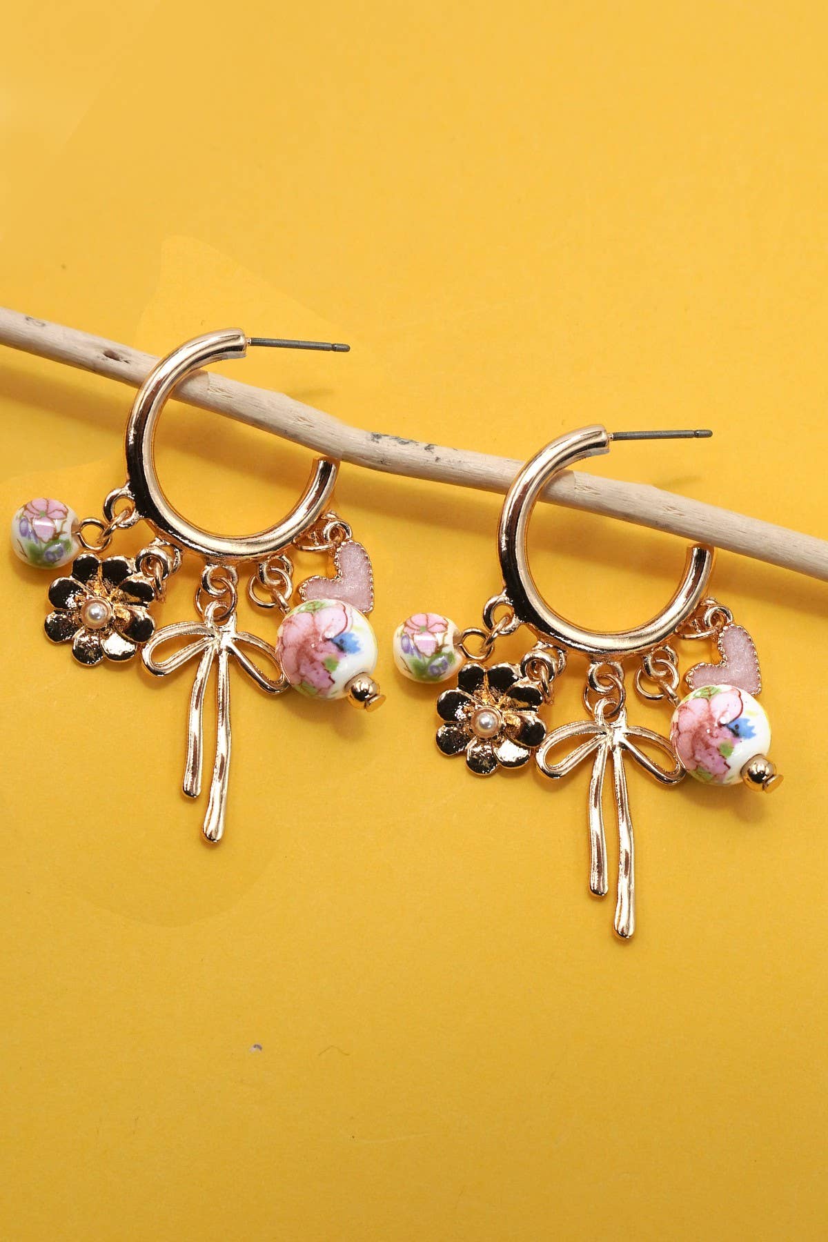 CERAMIC PORCELAIN BOW FLOWER CHARM DROP HOOP | 80E6644