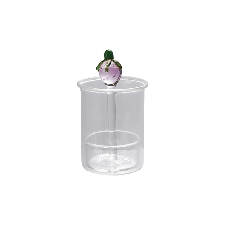 GLASS TOOTHPICK/COTTON SWAB HOLDER WITH HAND-BLOWN STRAWBERRY