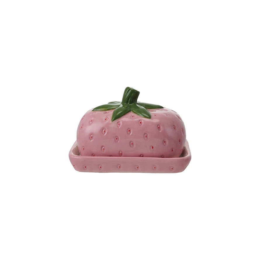 HAND-PAINTED CERAMIC STRAWBERRY BUTTER DISH
