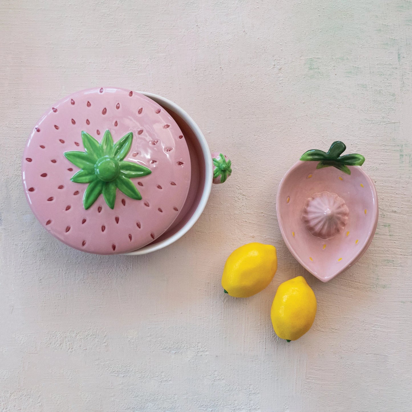 STONEWARE STRAWBERRY SHAPED BAKER HANDLES - PINK, GREEN, RED - Pharm Favorites by Economy Pharmacy