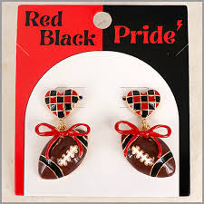 HEART POST WITH FOOTBALL EARRING - RED/BLACK/GOLD