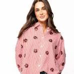 RED/WHITE STRIPED SCATTERED JEWELED POINSETTIA BUTTON UP COLLAR SHIRT