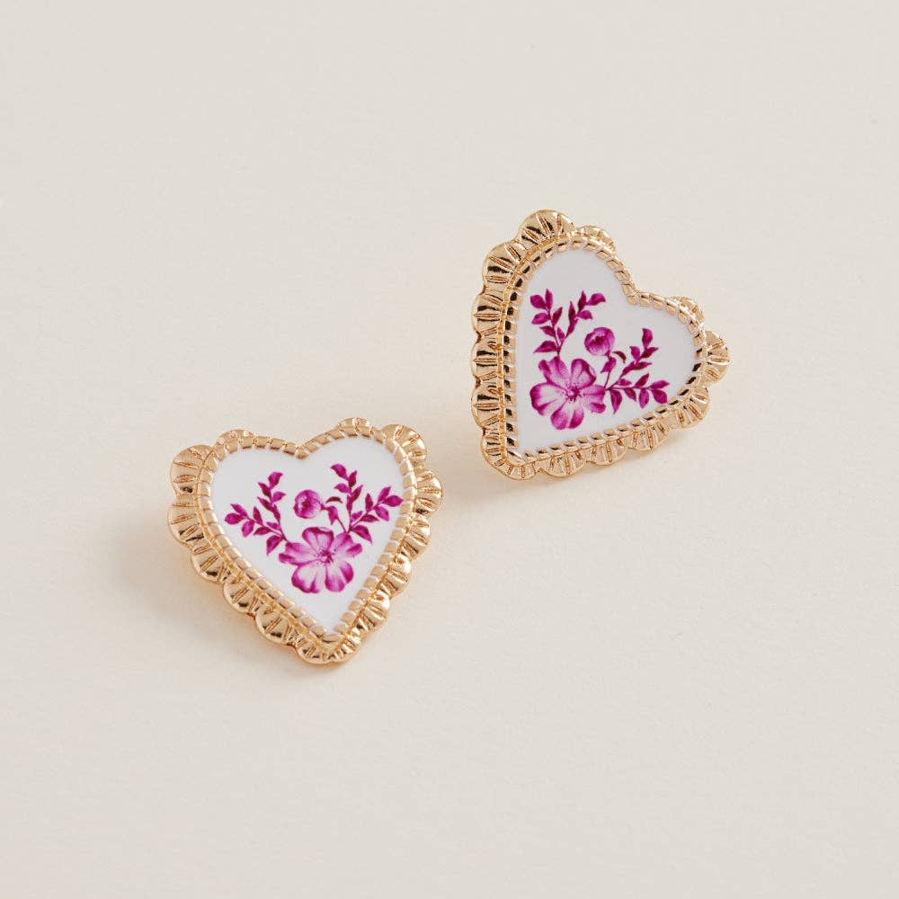 Heart Enamel Casting Flower Pattern Post Earrings