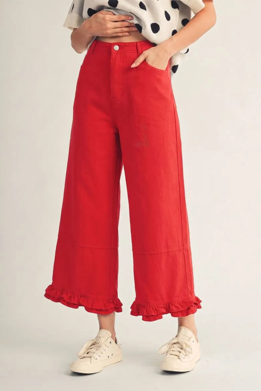 RED WIDE LEG PANTS WITH RUFFLES
