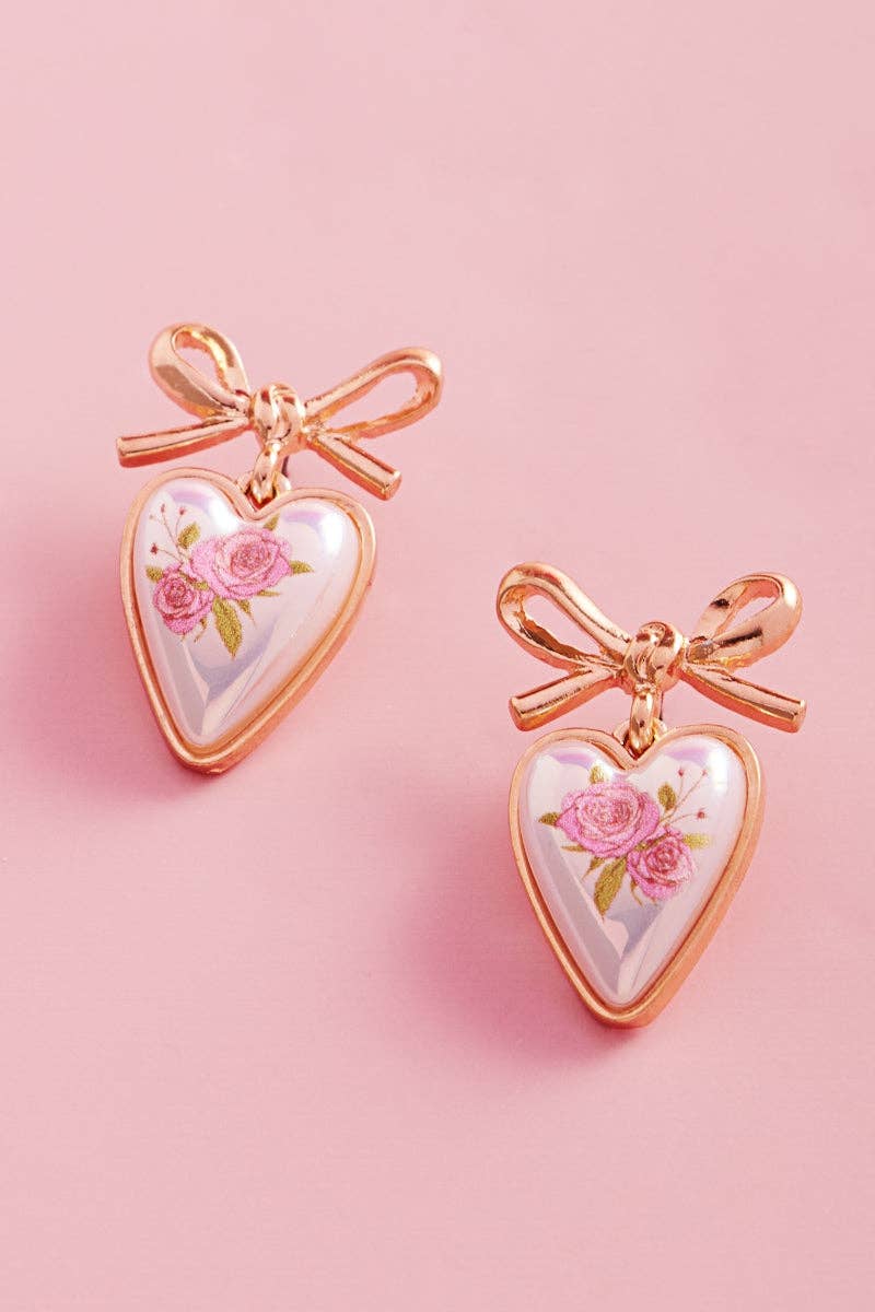 Valentines Heart Pearl Flower Print Post Earrings