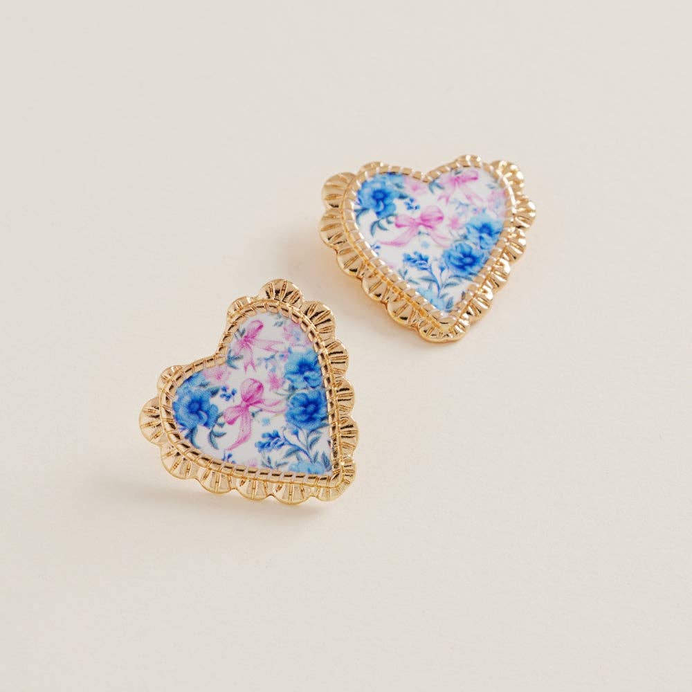 Heart Enamel Casting Flower Pattern Post Earrings