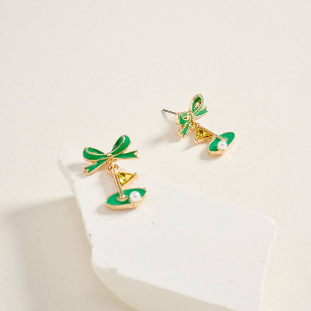 ENAMEL GOLF FLAG MARKER RIBBON BOW STONE PEARL EARRINGS