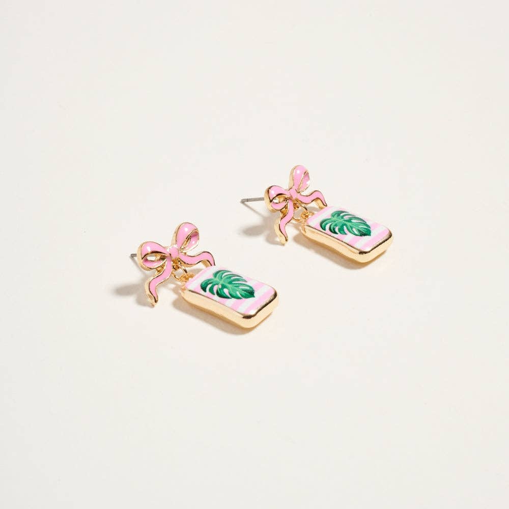 VINTAGE FRUIT PLANT PRINT TILE ENAMEL BOW EARRINGS