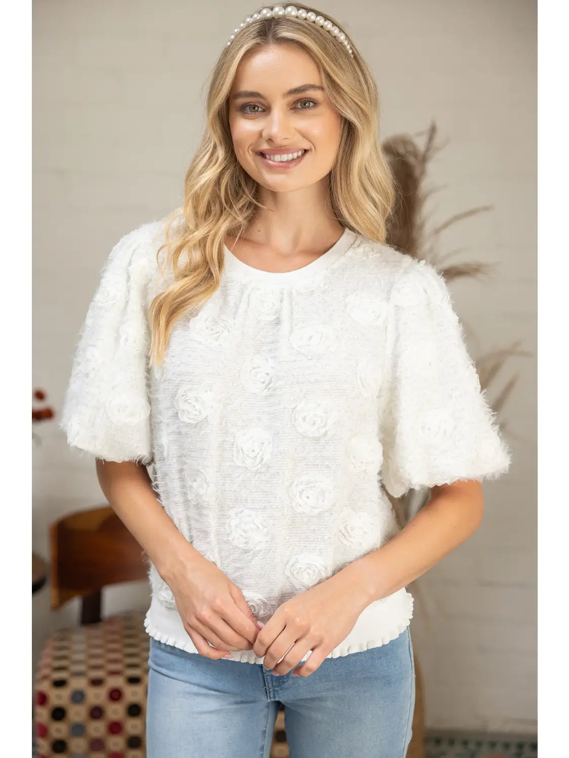 Stripe Textured Metallic Detail 3D Floral Top