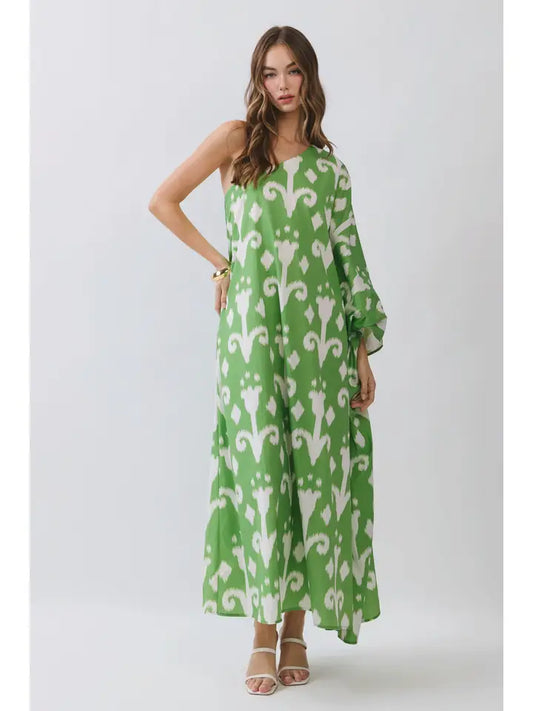 GREEN PRINTED ONE SHOULDER SIDE ZIPPER MIAXI DRESS