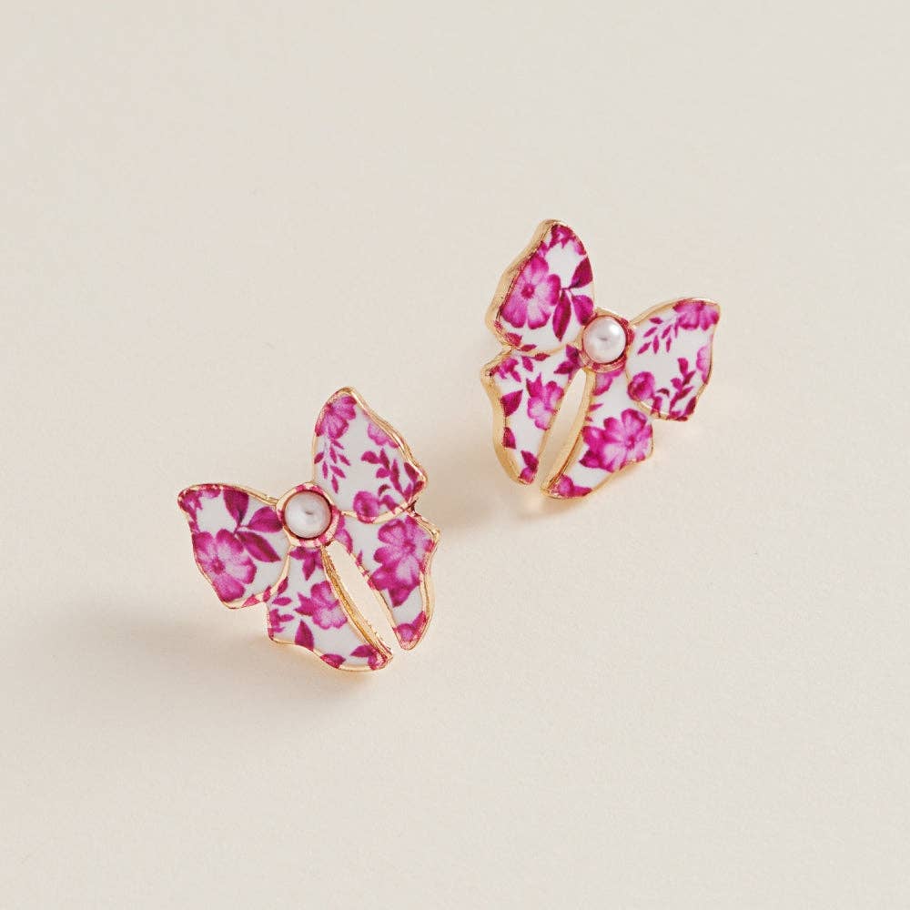 Ceramic Bow Enamel Casting Flower Pattern Earrings