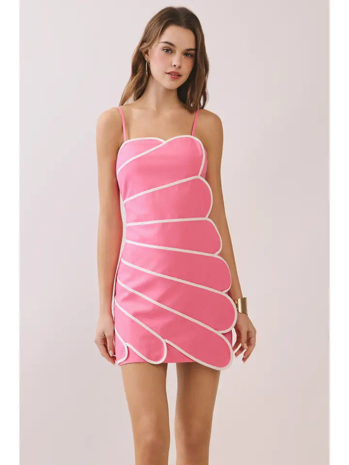 PINK BOLD CONTRAST PIPING DETAIL BACK SMOCKED DRESS