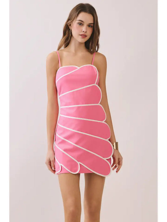 PINK BOLD CONTRAST PIPING DETAIL BACK SMOCKED DRESS