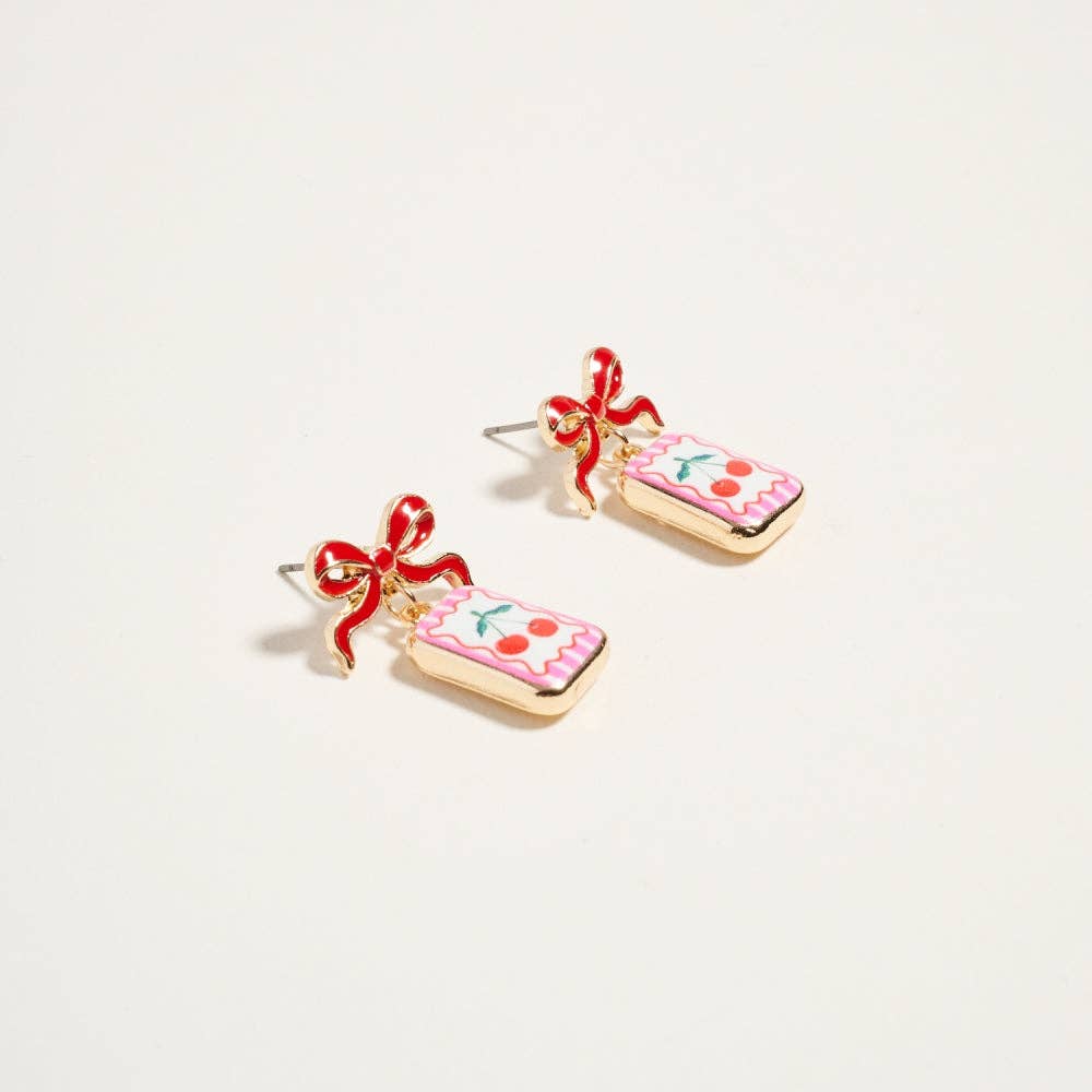 VINTAGE FRUIT PLANT PRINT TILE ENAMEL BOW EARRINGS