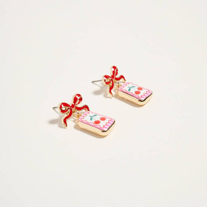 VINTAGE FRUIT PLANT PRINT TILE ENAMEL BOW EARRINGS