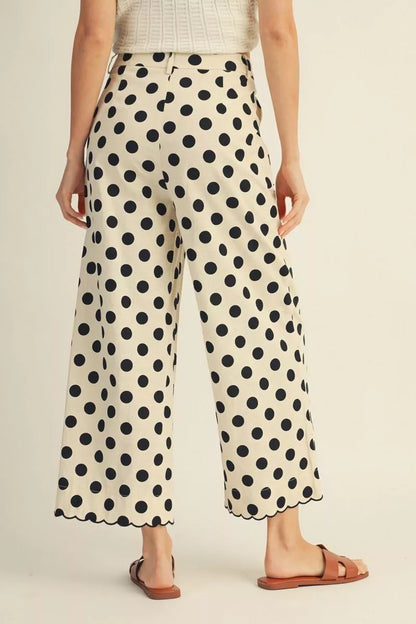 BLACK POLKA DOT WIDE LEG PANT WITH SCALLOP DETAIL