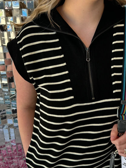 Black Knit Half-Zip Dress with Cream Striping