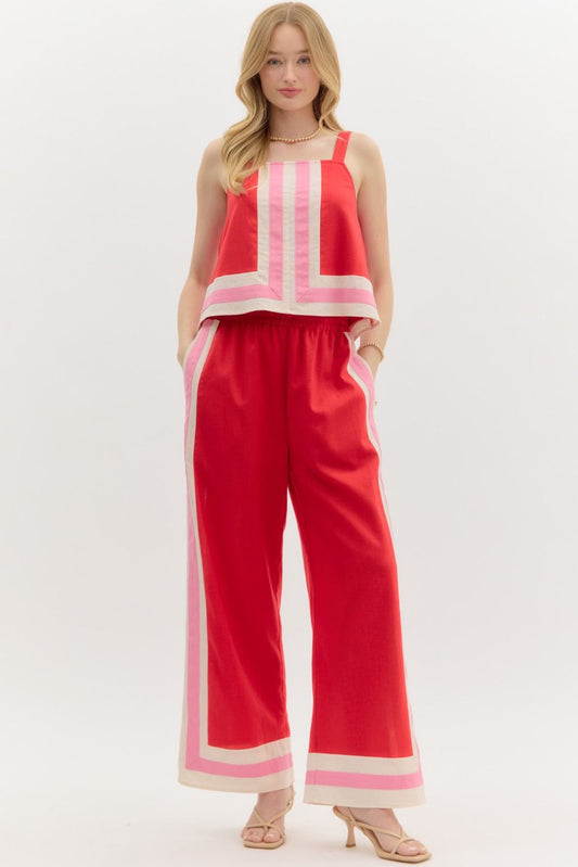 RED 2PC PANT SET WITH PINK & IVORY ABSTRACT CONTRAST TRIM