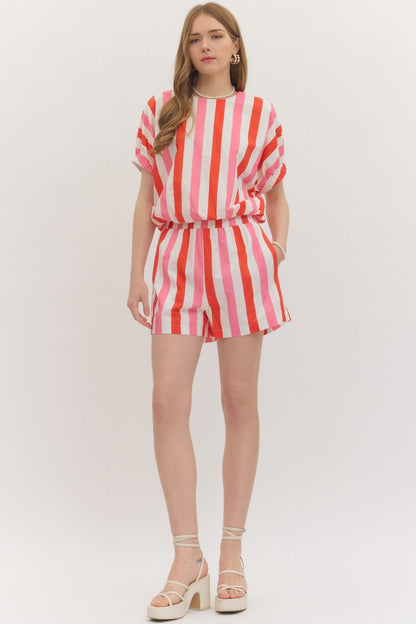 PINK MULTI STRIPE 2 PC SHORT SET