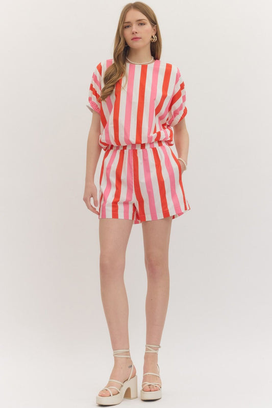 PINK MULTI STRIPE 2 PC SHORT SET
