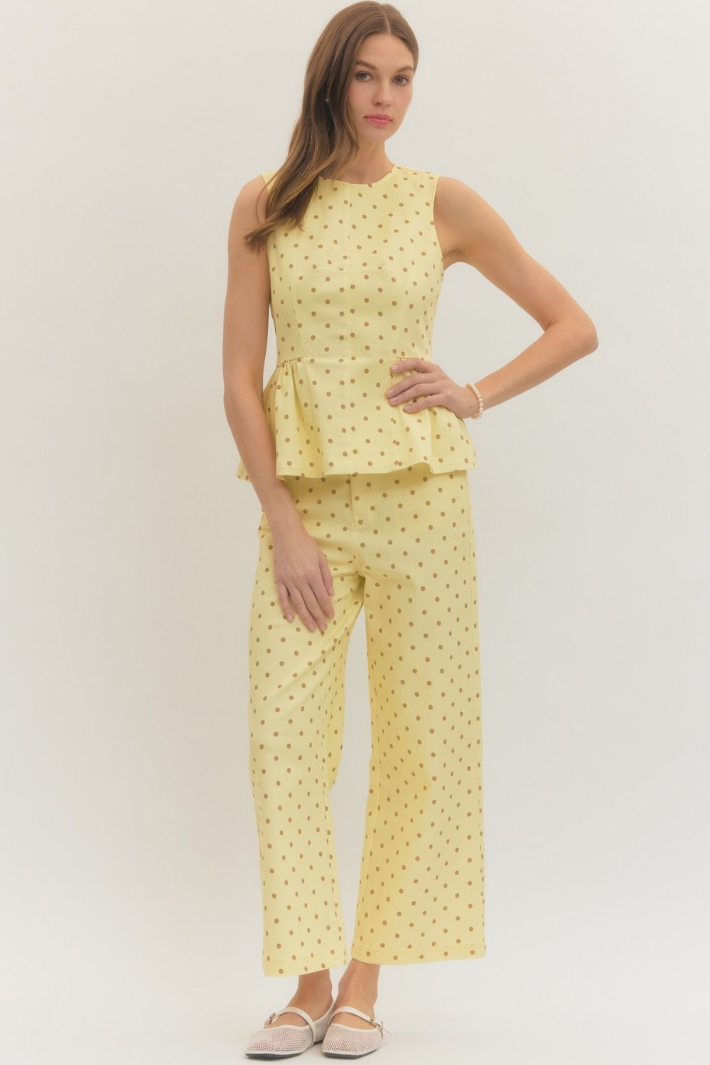 LEMON YELLOW POLKA DOT SLEEVELESS PEPLUM TOP WITH MATCHING PANTS