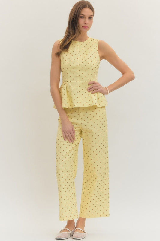 LEMON YELLOW POLKA DOT SLEEVELESS PEPLUM TOP WITH MATCHING PANTS